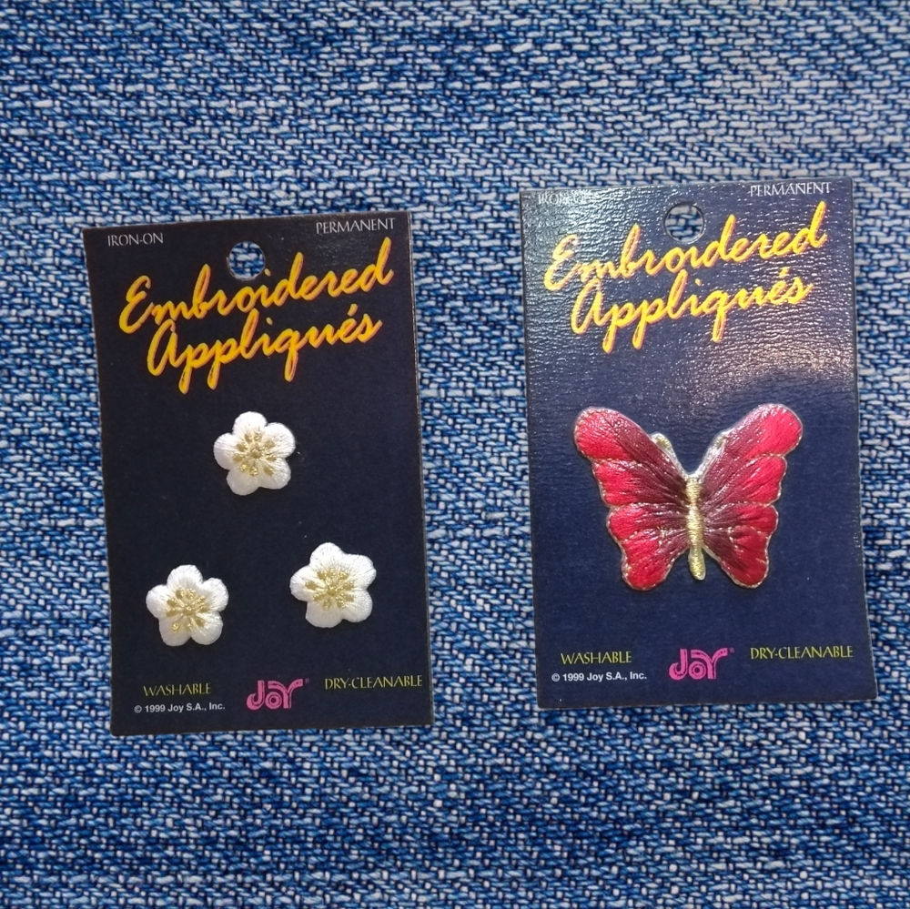 Vtg 1999 Joy Red Butterfly & Sakura Flower Embroidered Iron-On Patches - NIP 🦋